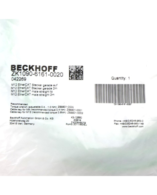 Beckhoff EtherCAT-Leitung ZK1090-6161-0020 2m OVP