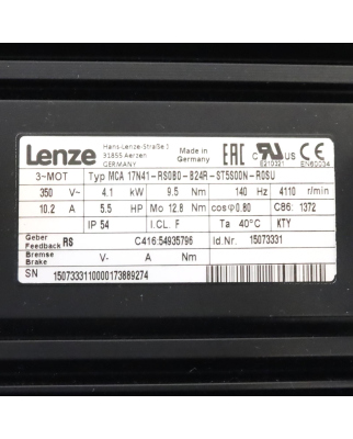 Lenze Servomotor MCA 17N41-RS0B0-B24R-ST5S00N-R0SU ID:15073331 4.1kW GEB