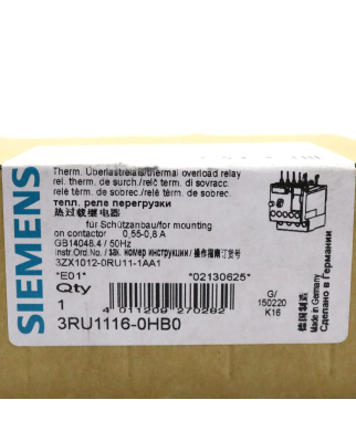 Siemens Überlastrelais 3RU1116-0HB0 OVP