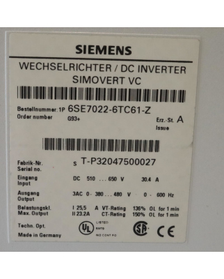 Siemens SIMOVERT Masterdrives VC 6SE7022-6TC61-Z Z=G93...