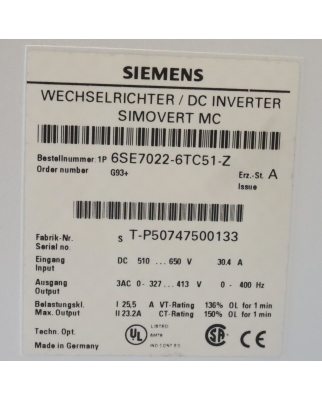 Siemens SIMOVERT Masterdrives MC 6SE7022-6TC51-Z Z=G93...