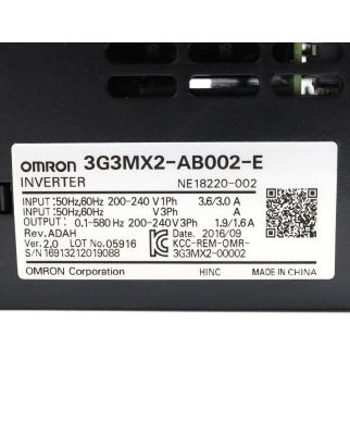 Omron Frequenzumrichter 3G3MX2-AB002-E 0,2kW OVP