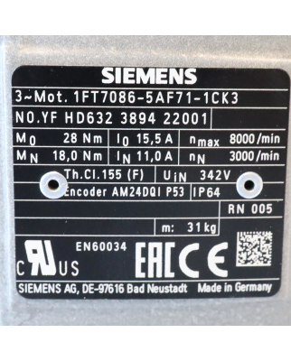 Siemens Synchronservomotor 1FT7086-5AF71-1CK3 NOV