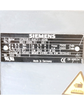 Siemens Synchronservomotor 1FT6081-8AC71-4EH0 NOV