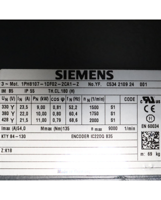 Siemens SIMOTICS M Kompakt-Asynchronmotor 1PH8107-1DF02-2CA1-Z Z=K18 NOV