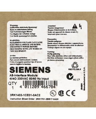 Siemens AS-INTERFACE 3RK1402-1CE01-0AC2 OVP