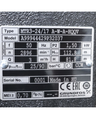 Grundfos Eintauchpumpe MTR3-24/17A-W-A-HQQV 3m³/h 112.8m max NOV