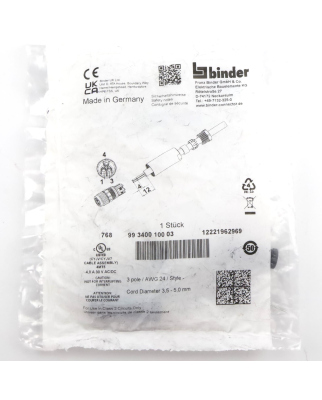binder M8 Kabeldose 99 3400 100 03 OVP