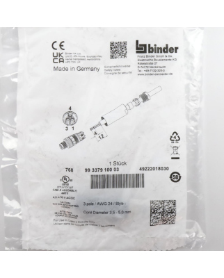 binder M8 Kabelstecker 99 3379 100 03 (10Stk.) OVP