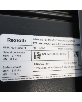 Rexroth Servomotor MAC090A-1-ZD-4-C/110-A-0/WI524LV/S001 R911266871 NOV