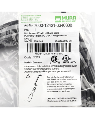 MURR ELEKTRONIK Verbindungskabel 7000-12421-6340300 OVP