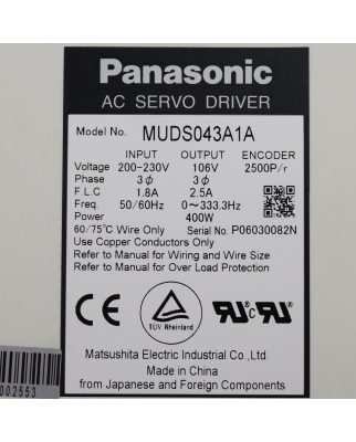 Panasonic AC Servo Drive MUDS043A1A 400W NOV
