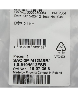 Phoenix Contact Bussystemkabel SAC-2P-M12MSB/1,0-910/M12FSB 1507366 OVP