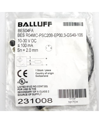 Balluff induktiver Sensor BES04FA BES R04MC-PSC20B-EP00,3-GS49-106 OVP