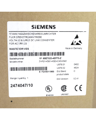 Siemens SIMOVERT Masterdrive MC 6SE7023-4EP70-Z Z=C43+F01+G42+G91+K80 E-Stand: C OVP