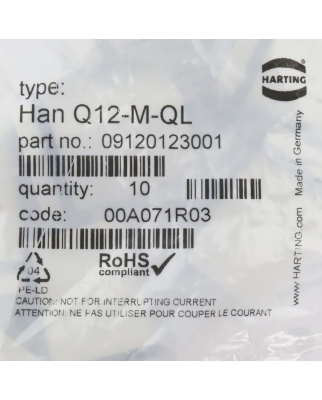 Harting Steckverbindereinsatz Han Q12-M-QL 09120123001 (10Stk.) OVP