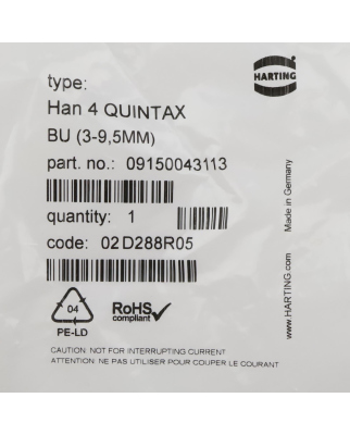 Harting Buchseneinsatz Han 4 QUINTAX BU (3-9,5MM) 09150043113 OVP