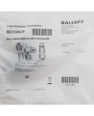 Balluff Steckverbinder BCC08C0 BCC M434-0000-2A-000-43X434-000 (4Stk.) OVP