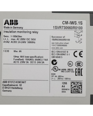 ABB Isolationsüberwachungsrelais 1SVR730660R0100 CM-IWS.1S OVP