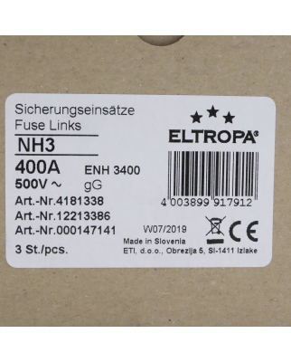 Eltropa NH-Sicherungseinsatz 4181338 500V 400A (3Stk.) OVP