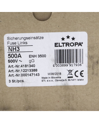 Eltropa NH-Sicherungseinsatz 4181340 500V 500A (3Stk.) OVP
