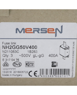 Ferraz-Shawmut/Mersen NH-Sicherungseinsatz NH2GG50V400 500V 400A (3Stk.) OVP