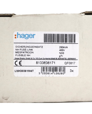 Hager NH-Sicherungseinsatz LNH30361M4T 250kVA 400V (3Stk.) OVP