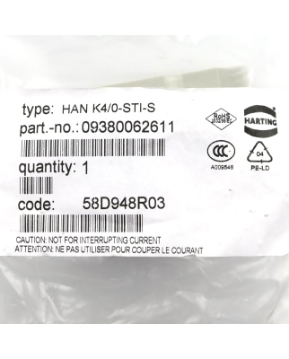 Harting Stifteinsatz Han K4/0-STI-S 09380062611 OVP