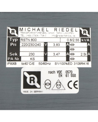 Michael Riedel Einphasen-Transformator RSTN 800 NOV
