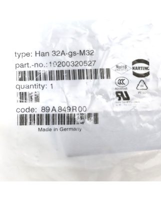 Harting Tüllengehäuse Han 32A-gg-M32 19200320427 OVP
