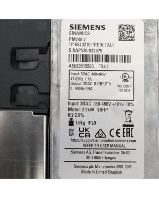 Sinamics Power Module PM240-2 6SL3210-1PE16-1AL1 FS:07/RS:10 OVP