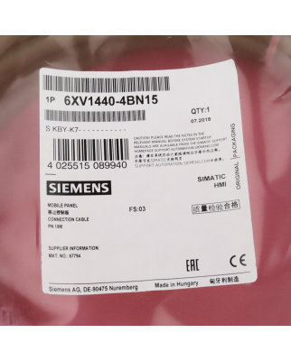 Siemens HMI Anschlusskabel 6XV1440-4BN15 OVP