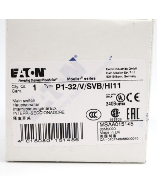 Eaton Hauptschalter P1-32/V/SVB/HI11 015145 OVP