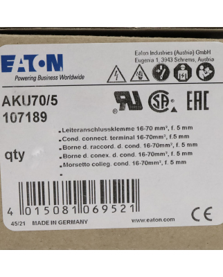 Eaton Leiteranschlussklemme AKU70/5 107189 (18Stk.) OVP