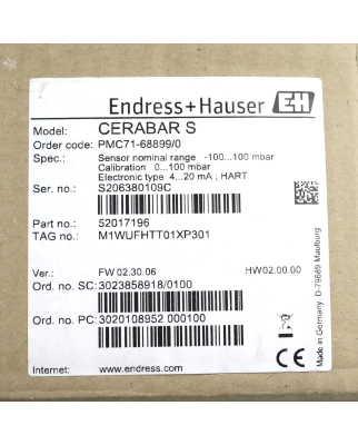 Endress+Hauser Cerabar S Drucktransmitter PMC71-68899/0 OVP