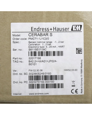 Endress+Hauser Cerabar S Drucktransmitter PMC71-1J1C3/0 OVP