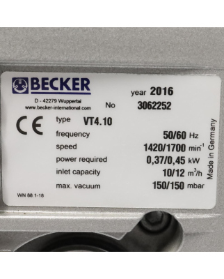 Becker Vakuumpumpe VT4.10 10/12m³/h 150/150mbar NOV