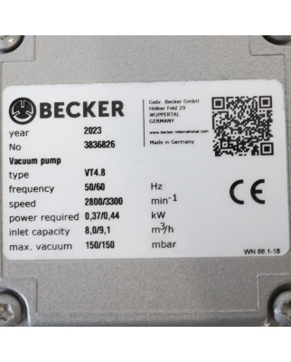 Becker Vakuumpumpe VT4.8 8,0/9,1m³/h 150/150mbar OVP