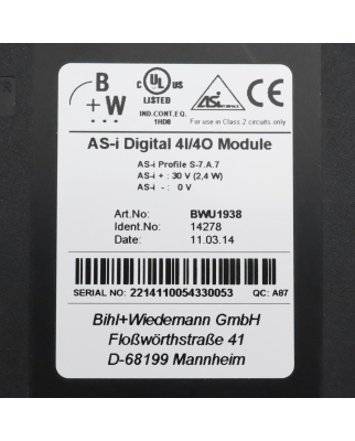 Bihl+Wiedemann AS-i Digitales E/A Modul BWU1938 OVP