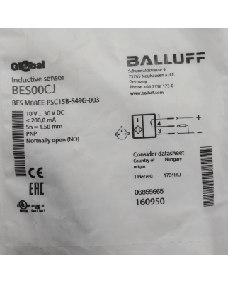 Balluff induktiver Sensor BES00CJ BES M08EE-PSC15B-S49G-003 OVP