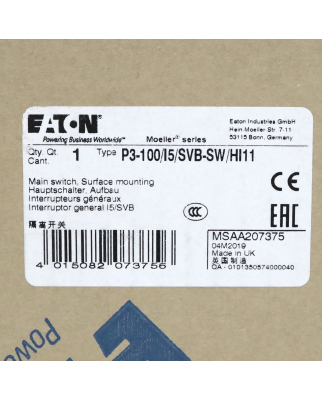 Eaton Hauptschalter P3-100/I5/SVB-SW/HI11 207375 OVP