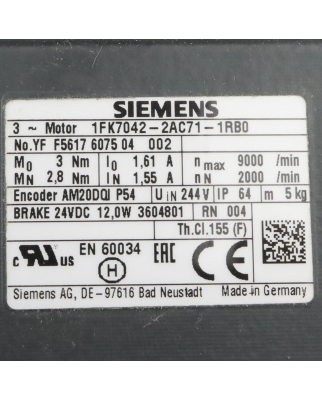 Siemens Synchronservomotor 1FK7042-2AC71-1RB0 GEB