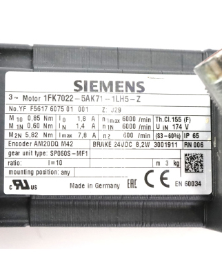 Siemens Synchronservomotor 1FK7022-5AK71-1LH5-Z Z=J29 GEB