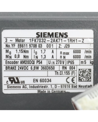 Siemens Synchronservomotor 1FK7032-2AK71-1RH1-Z Z=J29 GEB