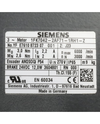 Siemens Synchronservomotor 1FK7042-2AF71-1RH1-Z Z=J23 GEB
