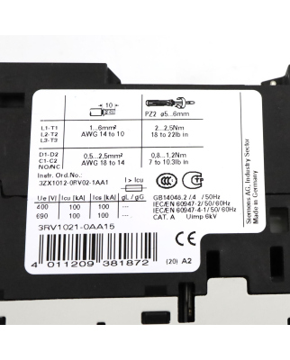 Siemens Leistungsschalter 3RV1021-0AA15 GEB