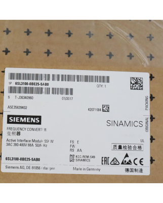 Sinamics S120 Active Interface Module 6SL3100-0BE25-5AB0 FS:E/RS:AA SIE