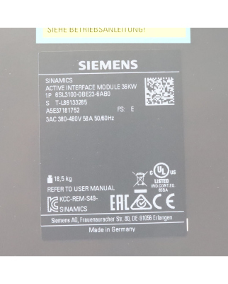 Sinamics S120 Active Interface Module 6SL3100-0BE23-6AB0 FS:E/RS:AA OVP