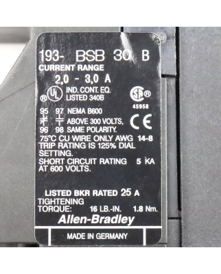Allen Bradley Überstromrelais 193-BSB30 Ser.B 2,0-3,0 GEB