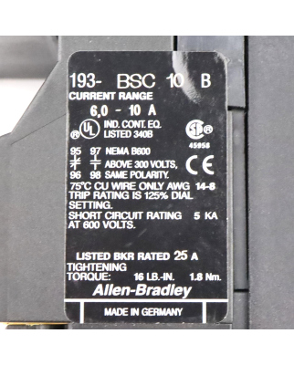 Allen Bradley Überstromrelais 193-BSC10 Ser.B 6,0-10,0 GEB